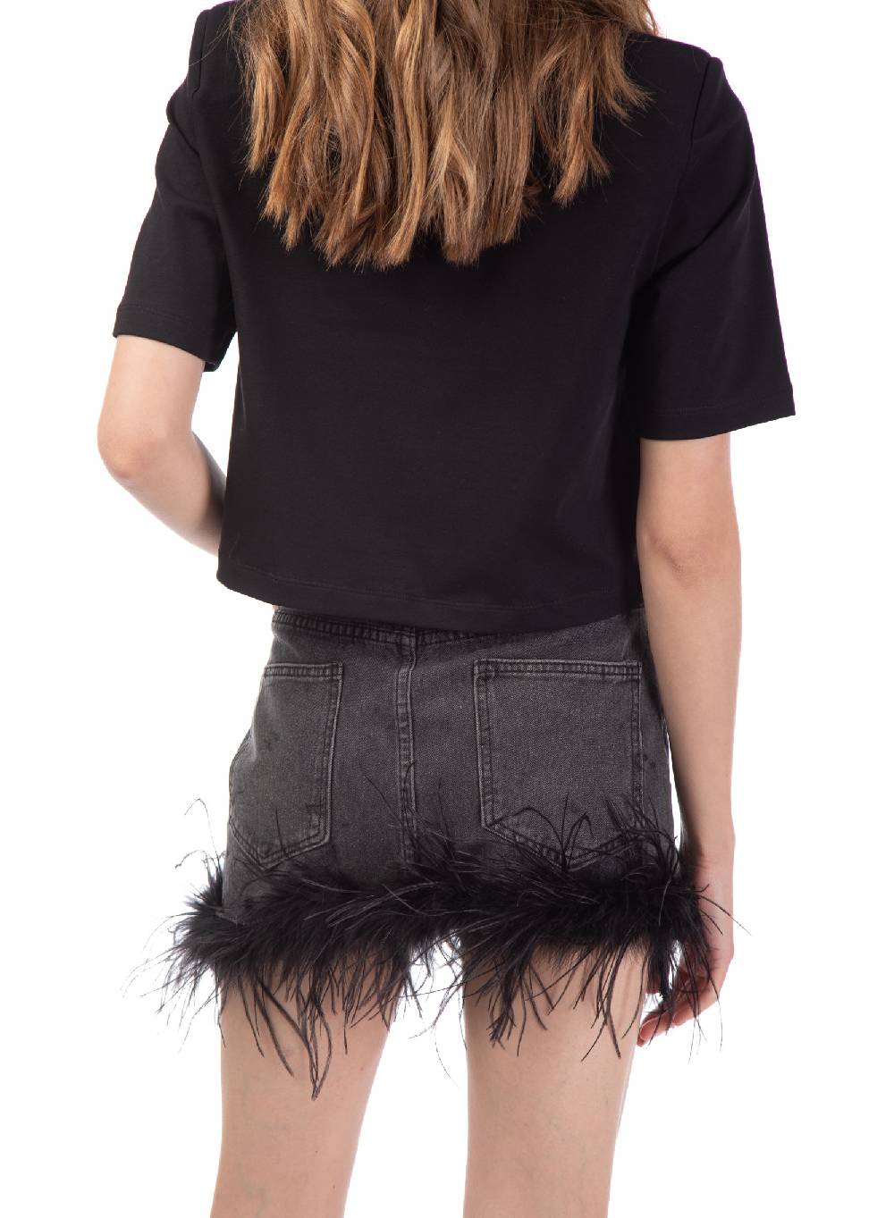 Le Volière gonna in denim grigia con piume Sconto