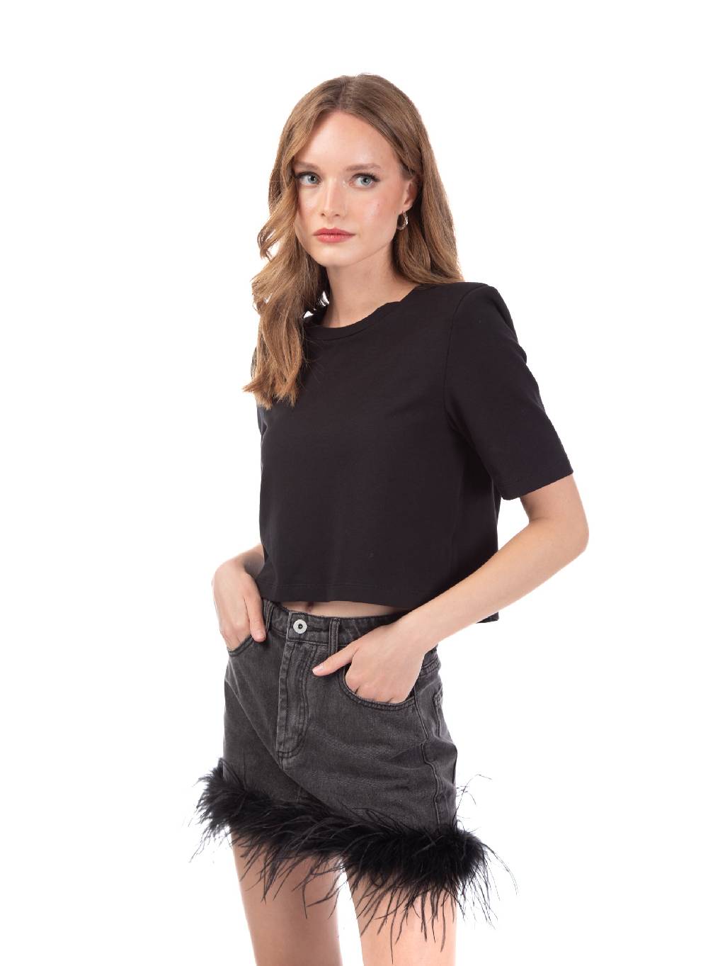 Le Volière gonna in denim grigia con piume Sconto