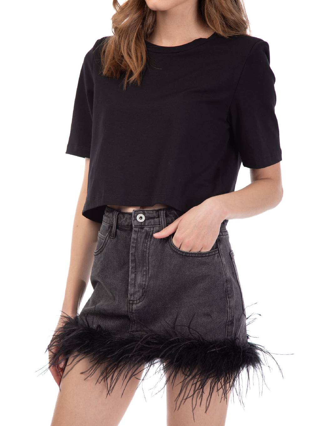 Le Volière gonna in denim grigia con piume Sconto