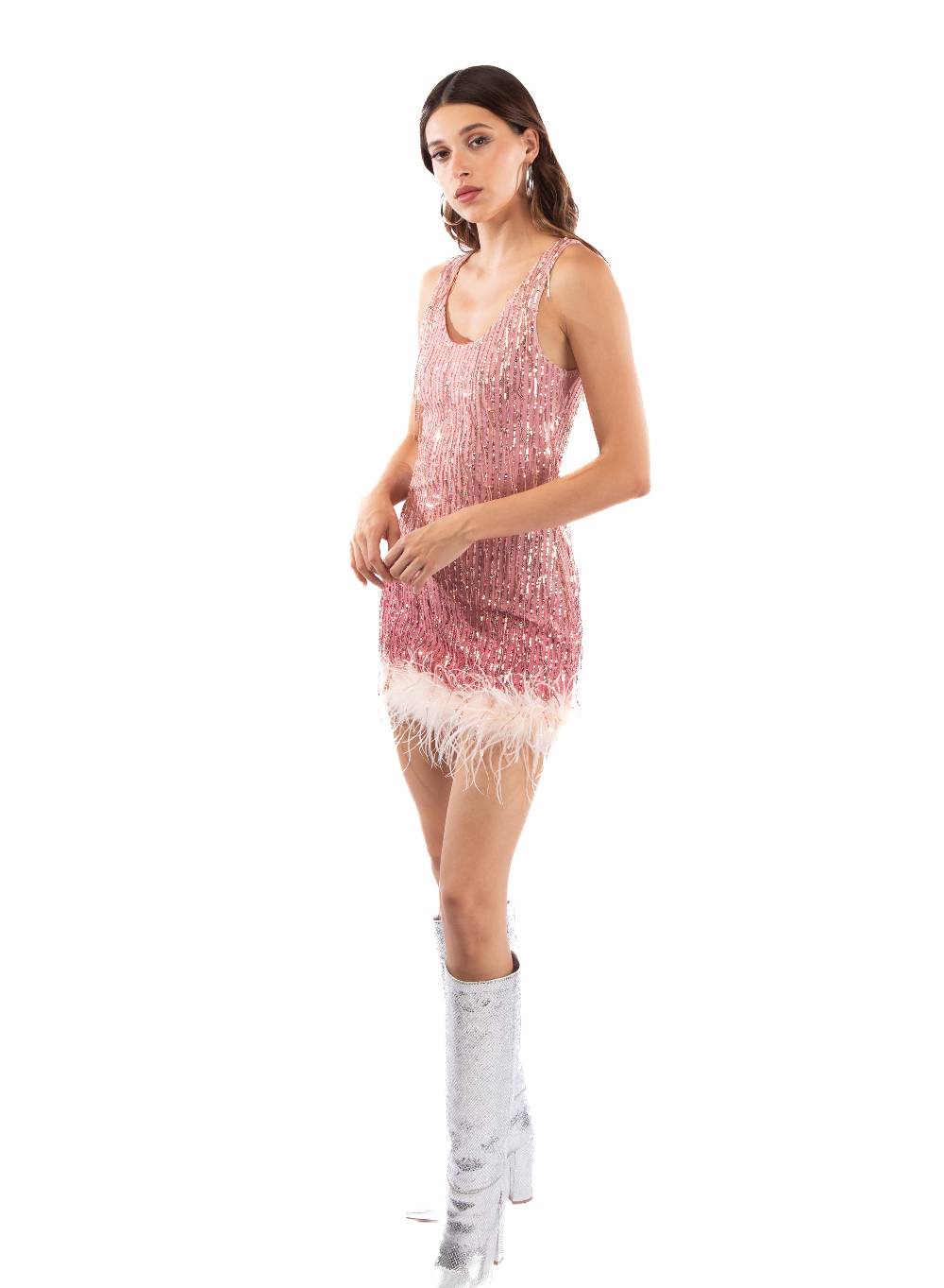 Le Volière DAISY Vestito rosa di paillettes con piume Ultimi tre giorni