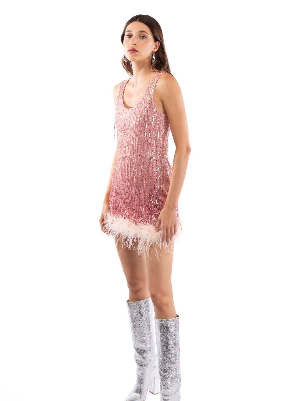 Le Volière DAISY Vestito rosa di paillettes con piume Ultimi tre giorni
