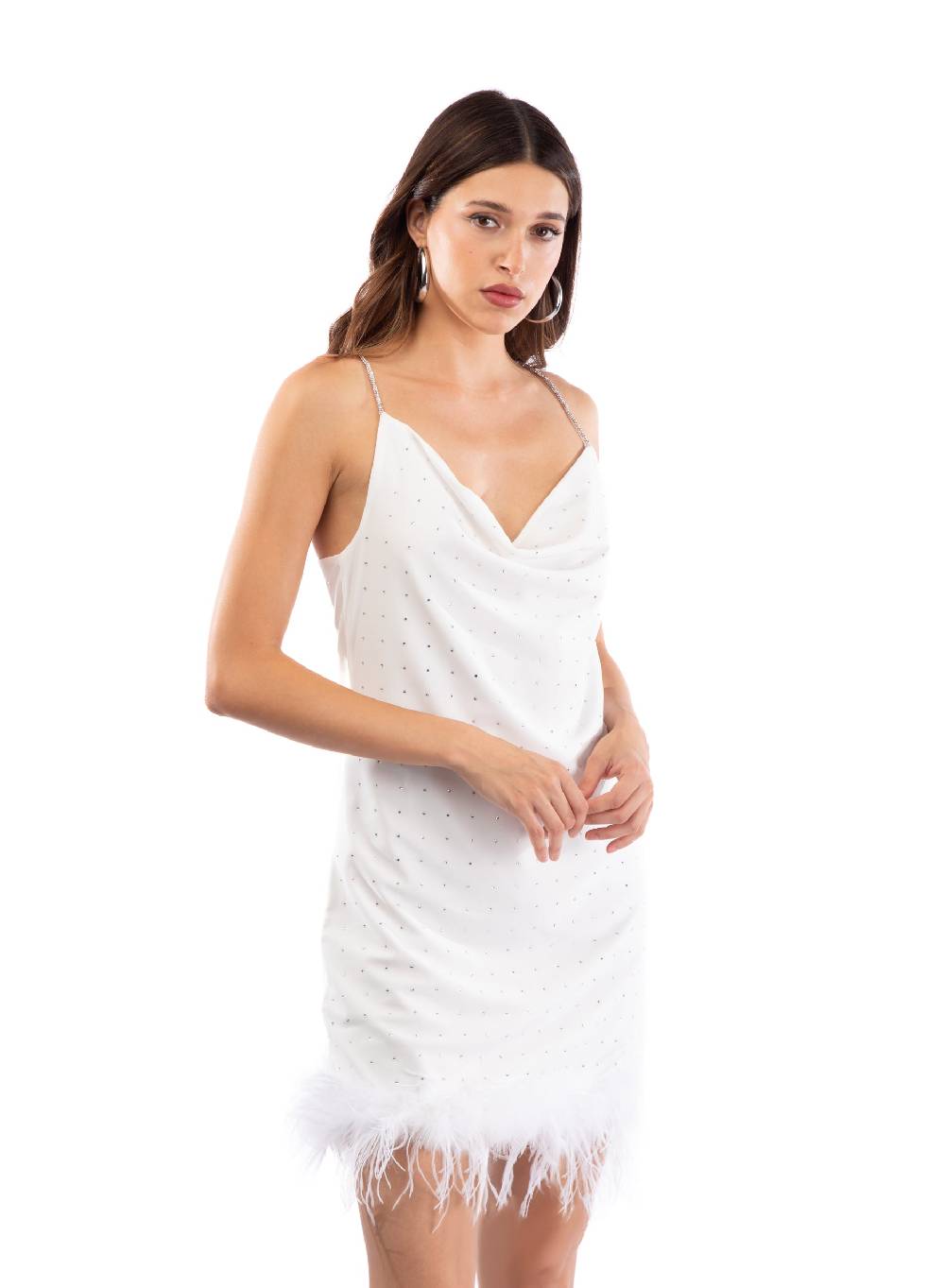 Le Volière LAUREN Vestito bianco con strass e piume bianche Saldi