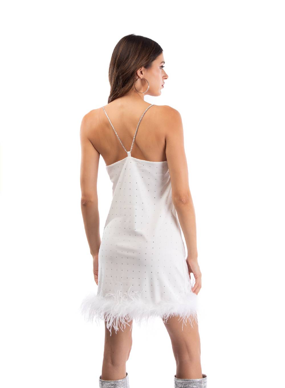 Le Volière LAUREN Vestito bianco con strass e piume bianche Saldi