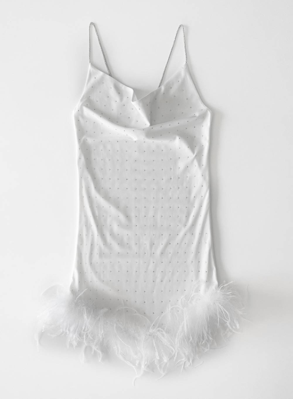 Le Volière LAUREN Vestito bianco con strass e piume bianche Saldi