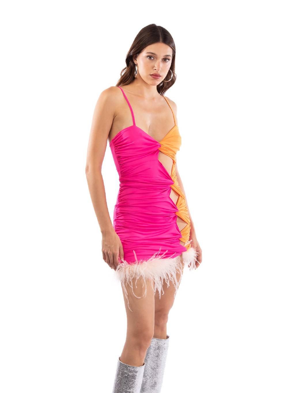 Le Volière BETHANY Vestito elasticizzato fucsia e arancione con fori Offerte