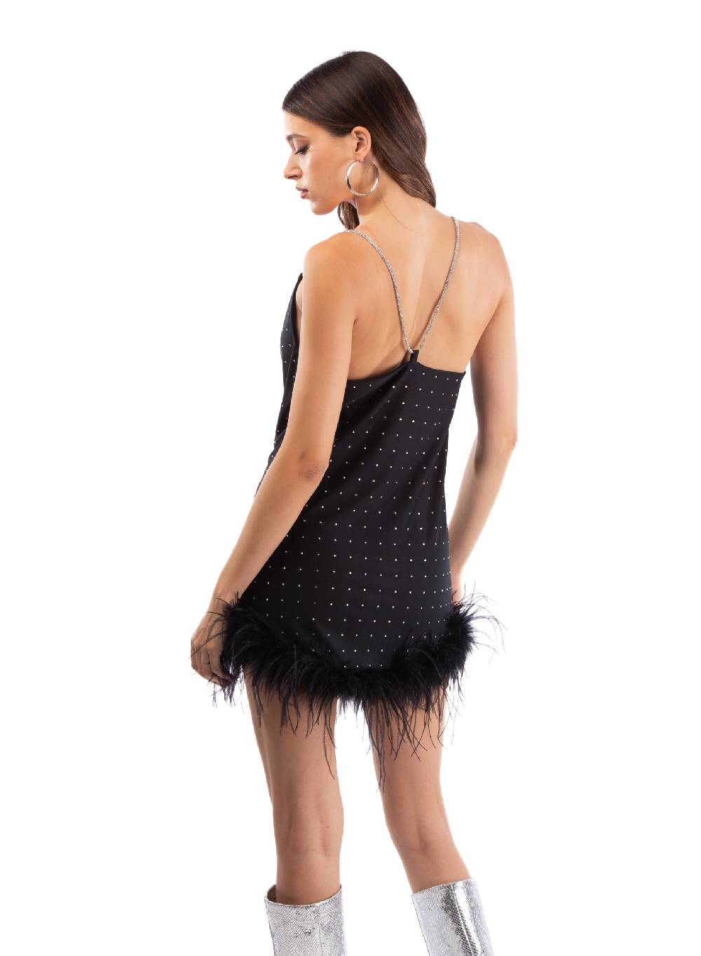Le Volière LAUREN Vestito nero con strass e piume nere Hotsell
