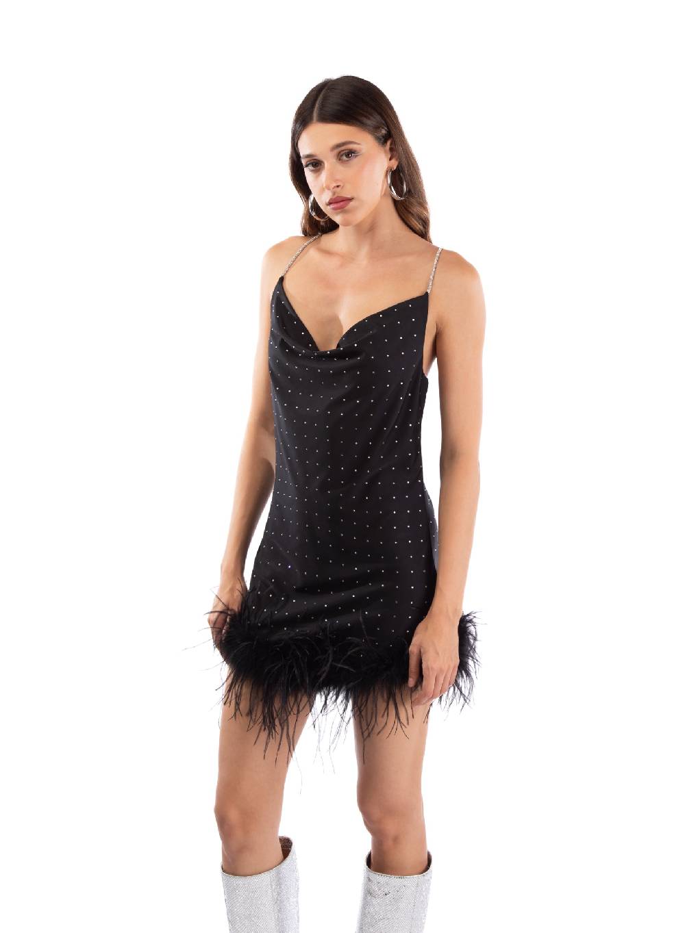 Le Volière LAUREN Vestito nero con strass e piume nere Hotsell