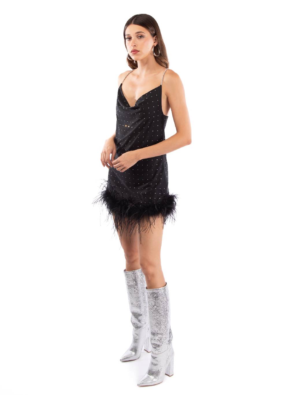 Le Volière LAUREN Vestito nero con strass e piume nere Hotsell