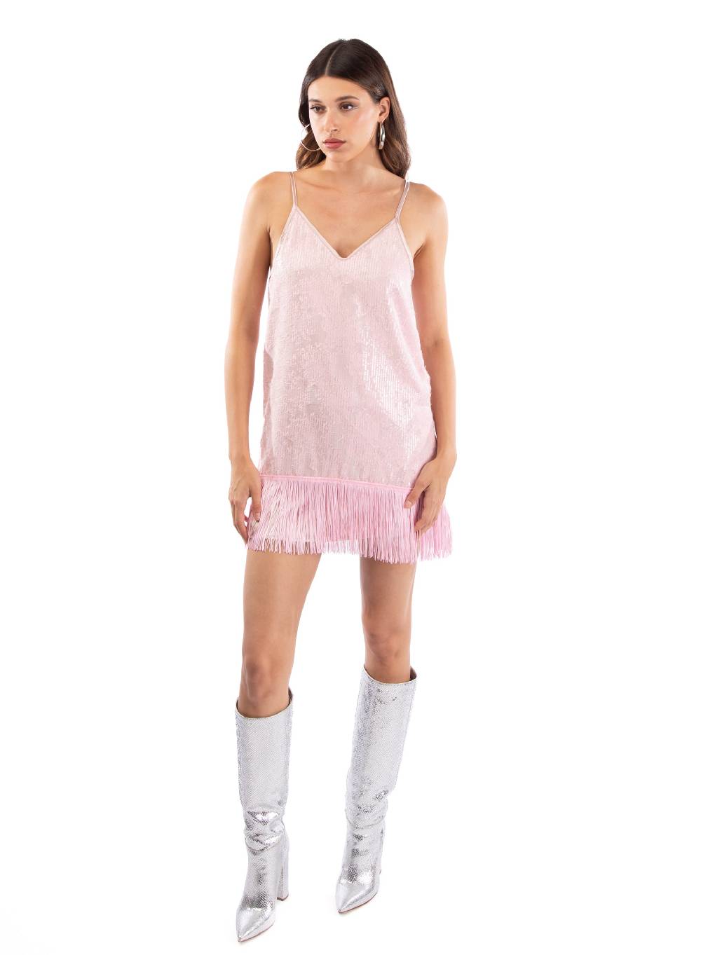 Le Volière MADISON Vestito rosa di paillettes con frange Vendita Calda