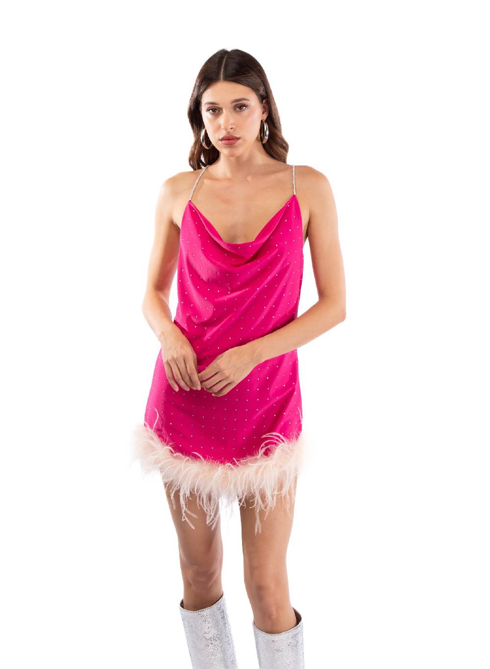 Le Volière LAUREN Vestito fucsia con strass e piume rosa I Più Venduti