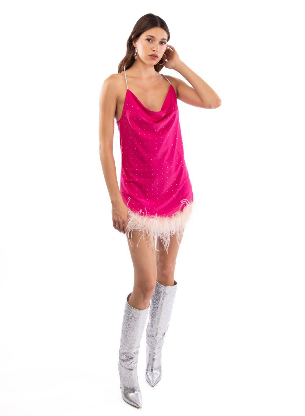 Le Volière LAUREN Vestito fucsia con strass e piume rosa I Più Venduti
