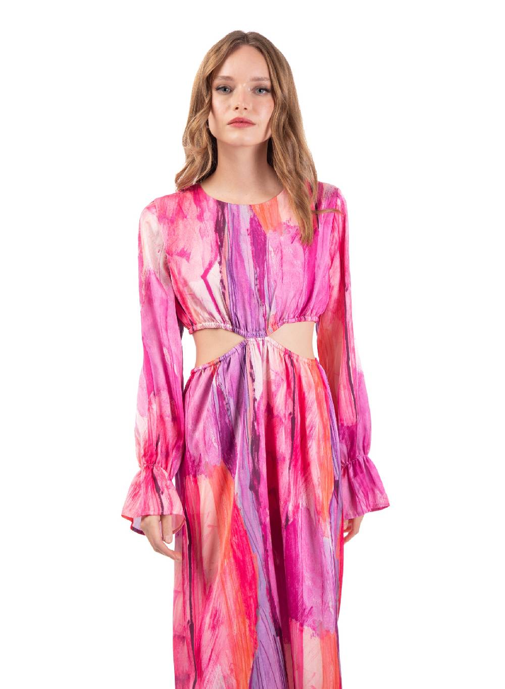 Le Volière Vestito lungo in fantasia fucsia con fori laterali In Saldo