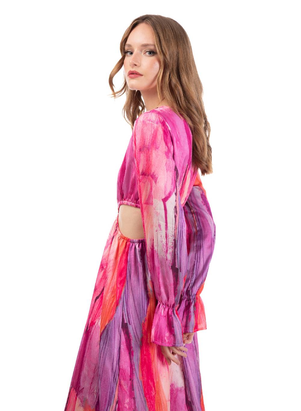 Le Volière Vestito lungo in fantasia fucsia con fori laterali In Saldo
