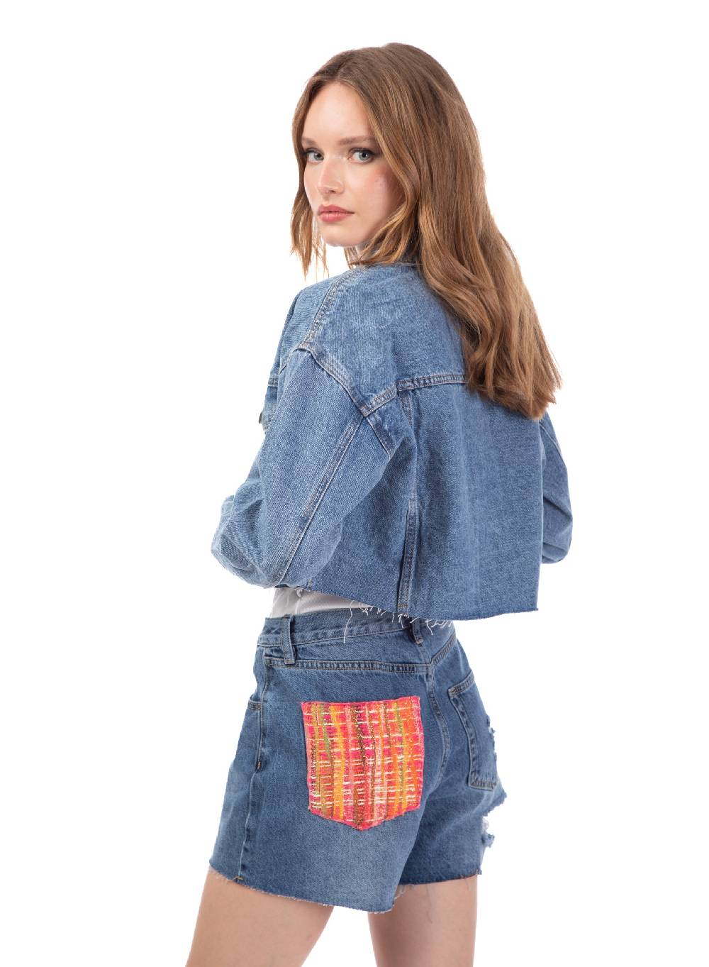 Le Volière Giacca in denim con dettaglio tasca in tweed 2025