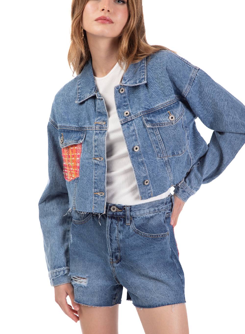 Le Volière Giacca in denim con dettaglio tasca in tweed 2025
