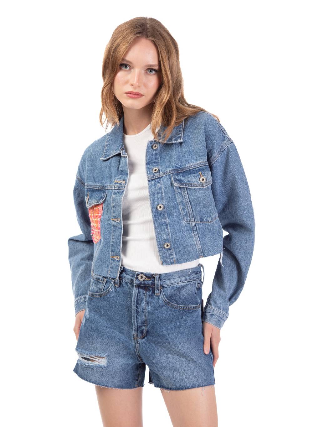 Le Volière Giacca in denim con dettaglio tasca in tweed 2025