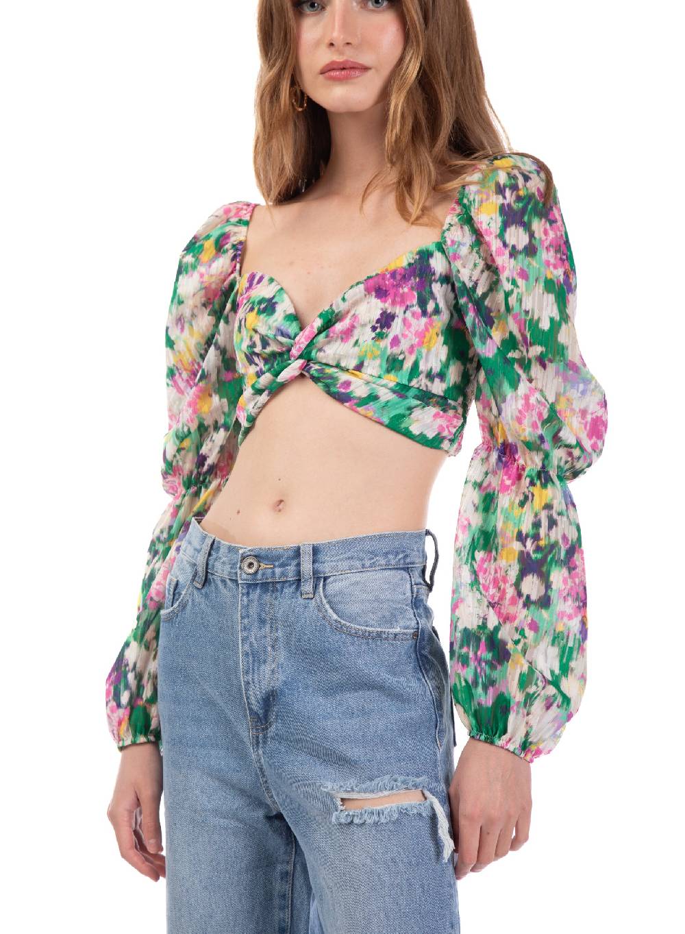 Le Volière Cropped top floreale manica lunga Promozione