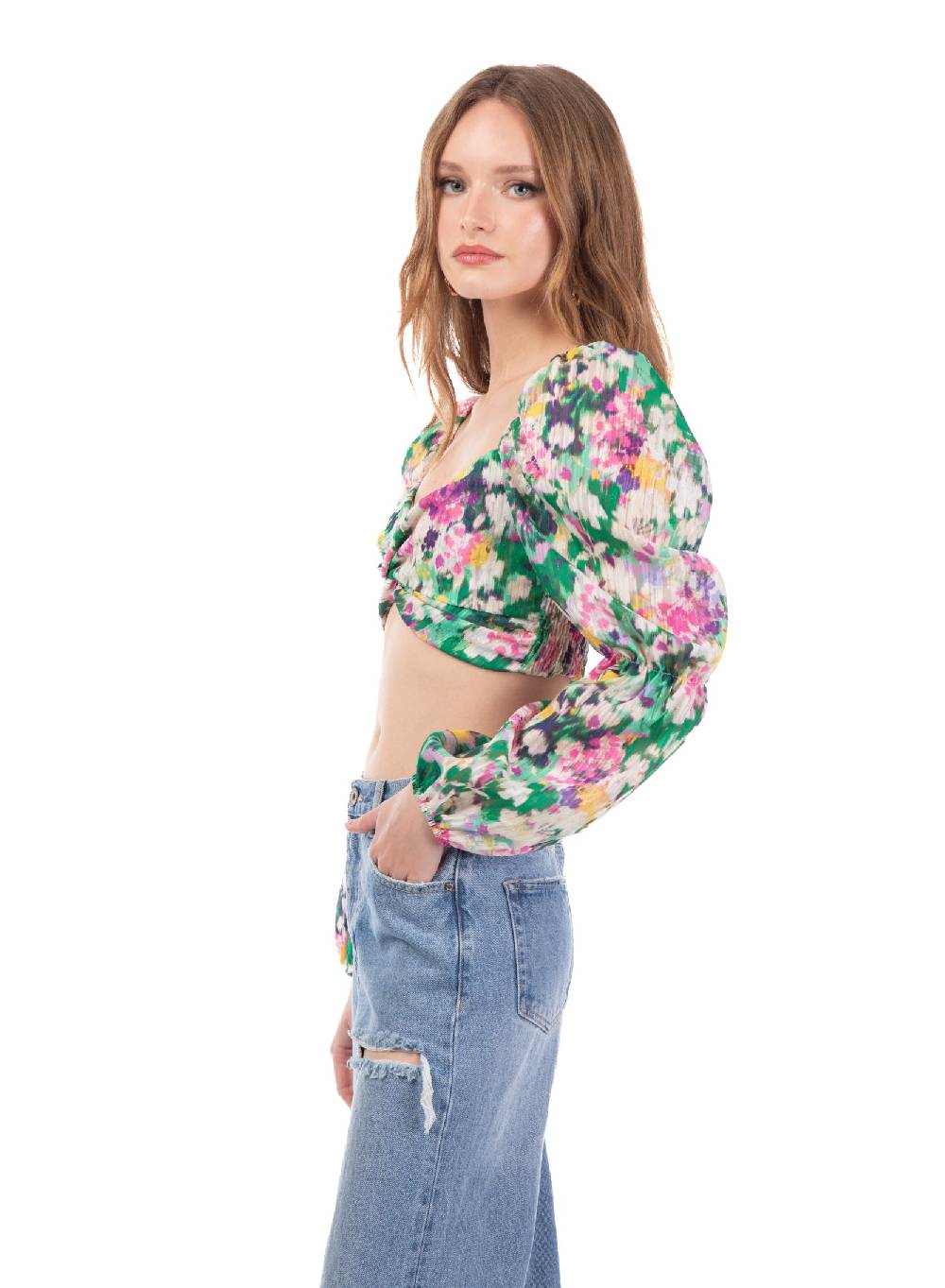 Le Volière Cropped top floreale manica lunga Promozione
