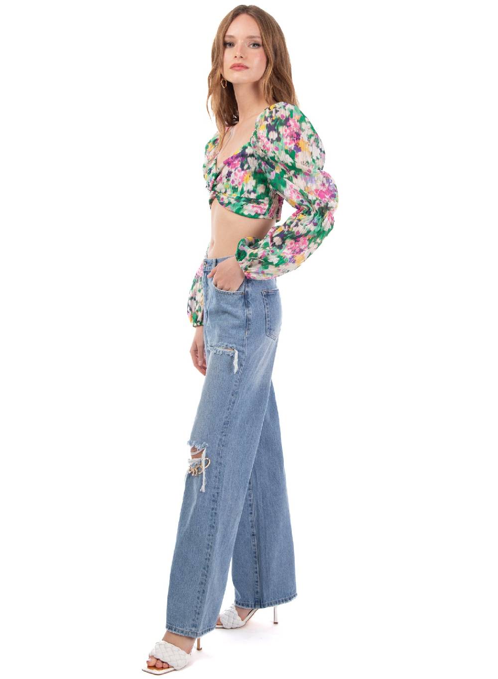 Le Volière Cropped top floreale manica lunga Promozione