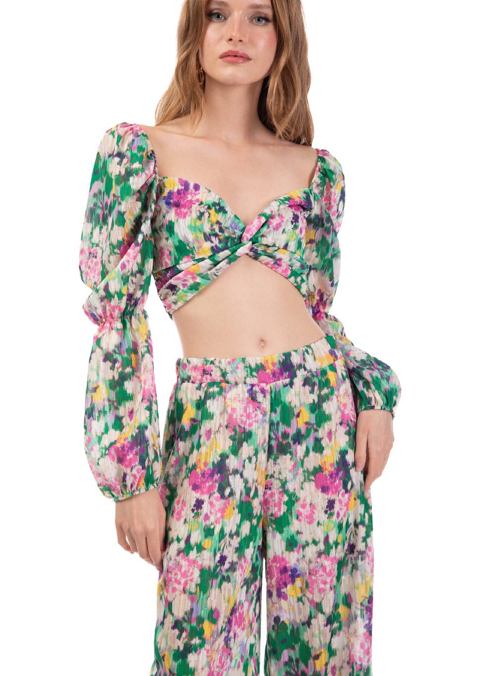 Le Volière Cropped top floreale manica lunga Promozione