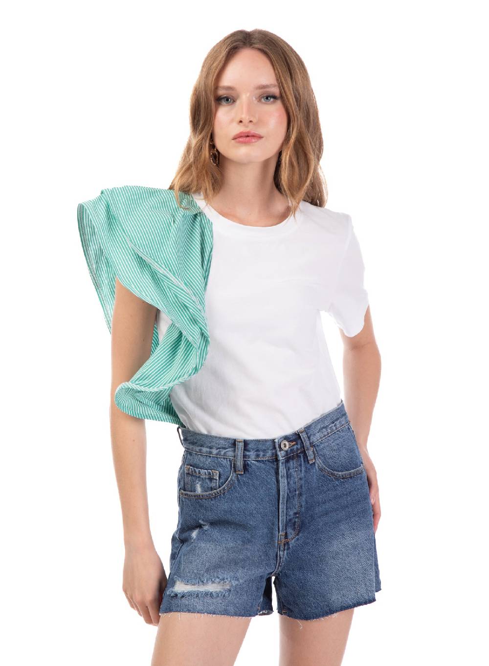 Le Volière T-shirt bianca con volant a righe Qualità Garantita