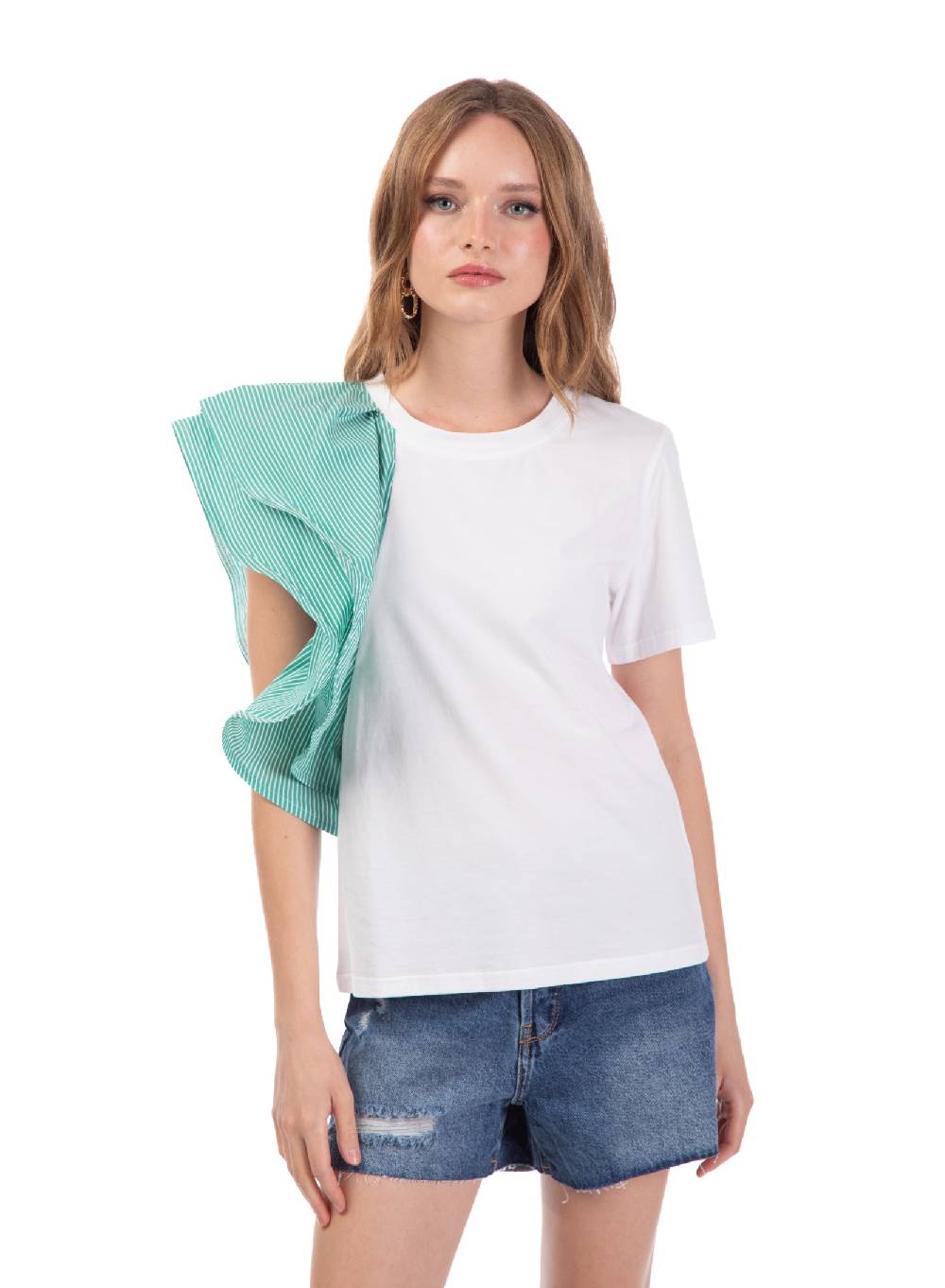 Le Volière T-shirt bianca con volant a righe Qualità Garantita