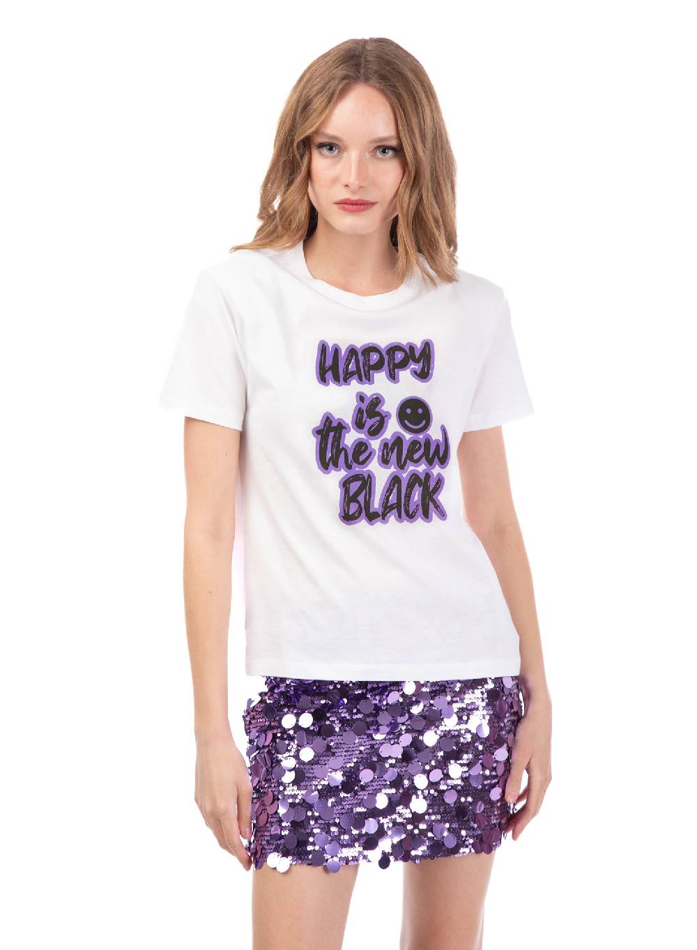 Le Volière T-shirt bianca 'Happy is the new black' Prezzo Ridotto