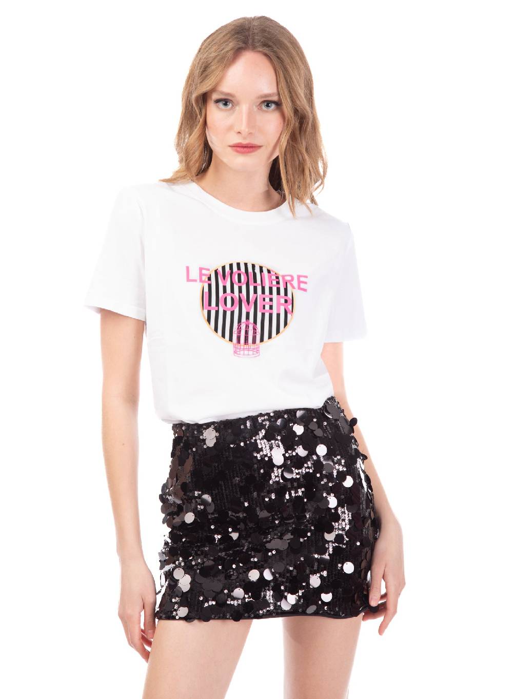 Le Volière T-shirt bianca con stampa rigata 'Le Volière' Novità