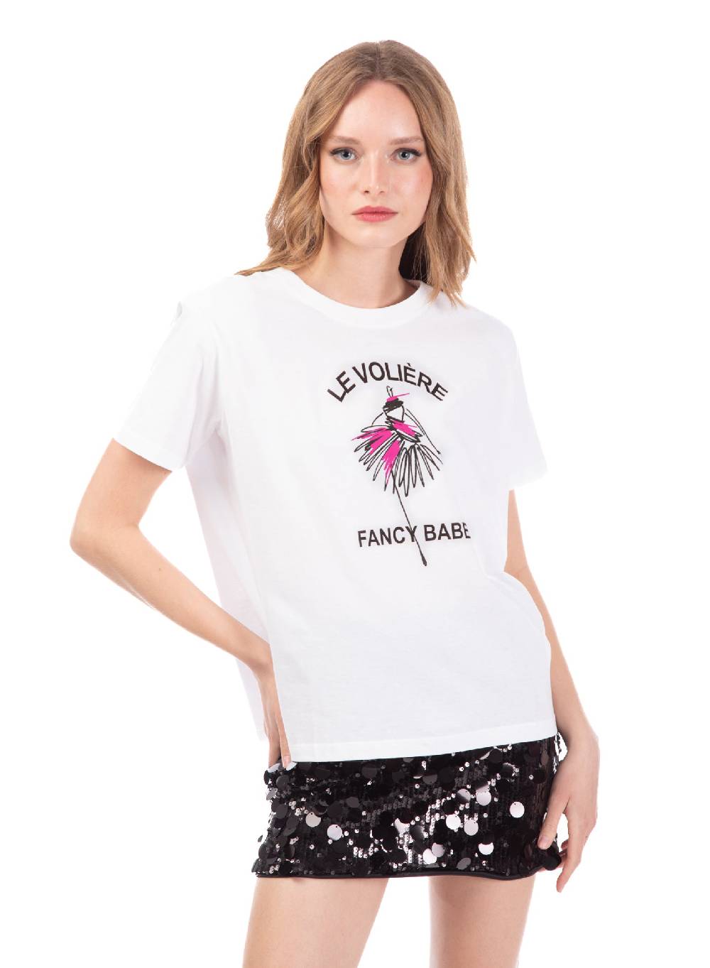 Le Volière T-shirt bianca con stampa 'Le Volière fancy babe' Presa