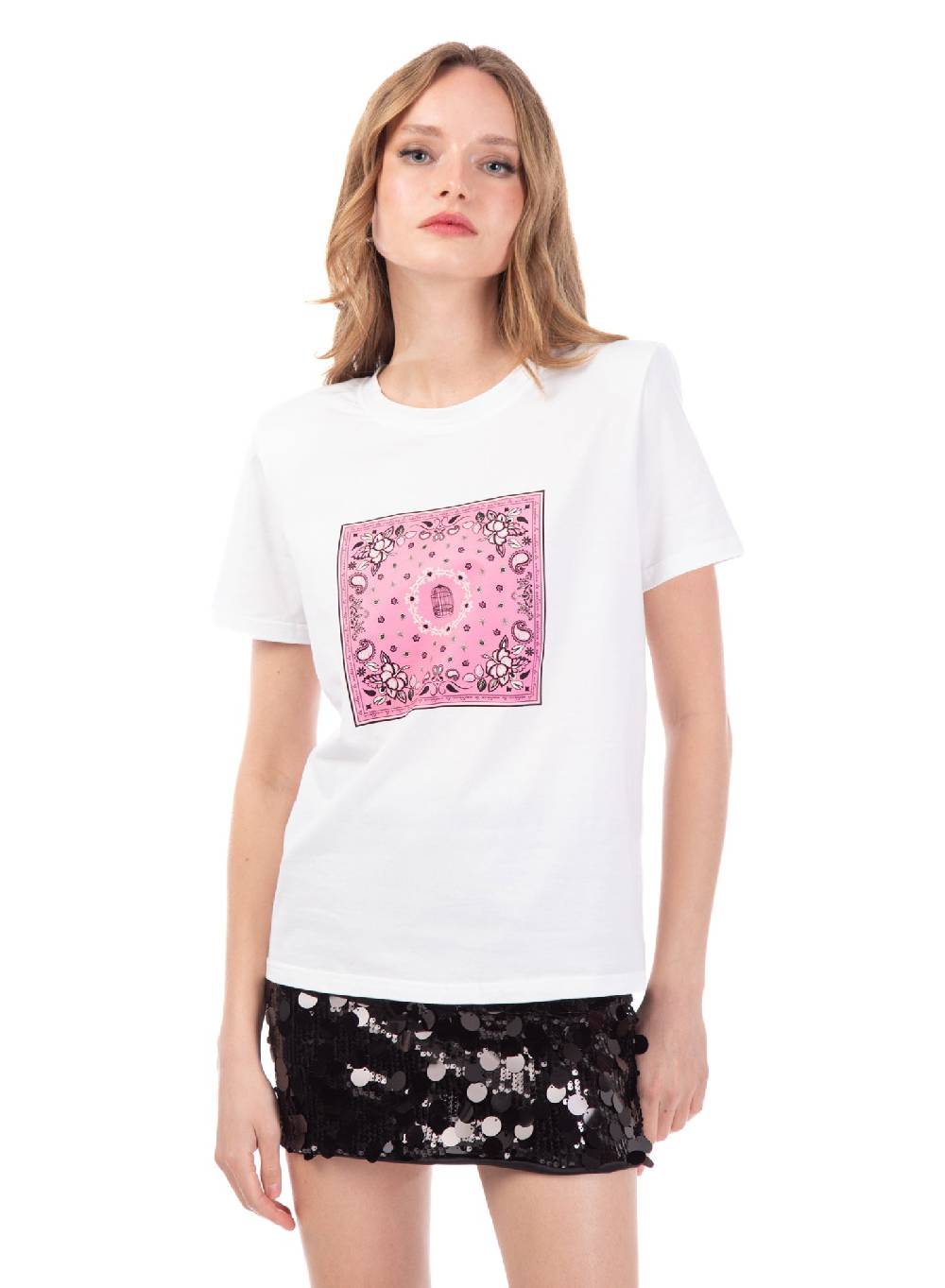 Le Volière T-shirt bianca con stampa bandana rosa Sconto