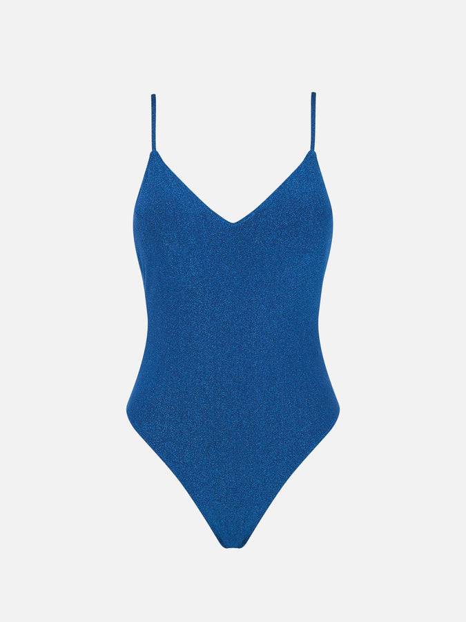 Mc2 Saint Barth Costume intero con scollo a V in lurex bluette Vendita Economica