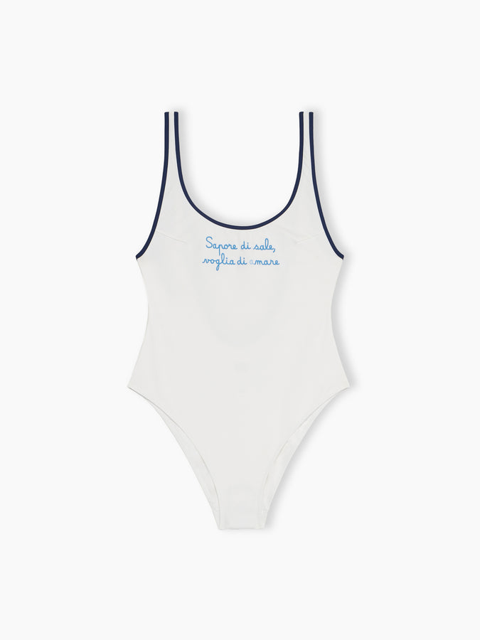 Mc2 Saint Barth Woman scoopback one-piece swimsuit with Voglia di amare embroidery | @serepocaiontas SPECIAL EDITION In Vendita