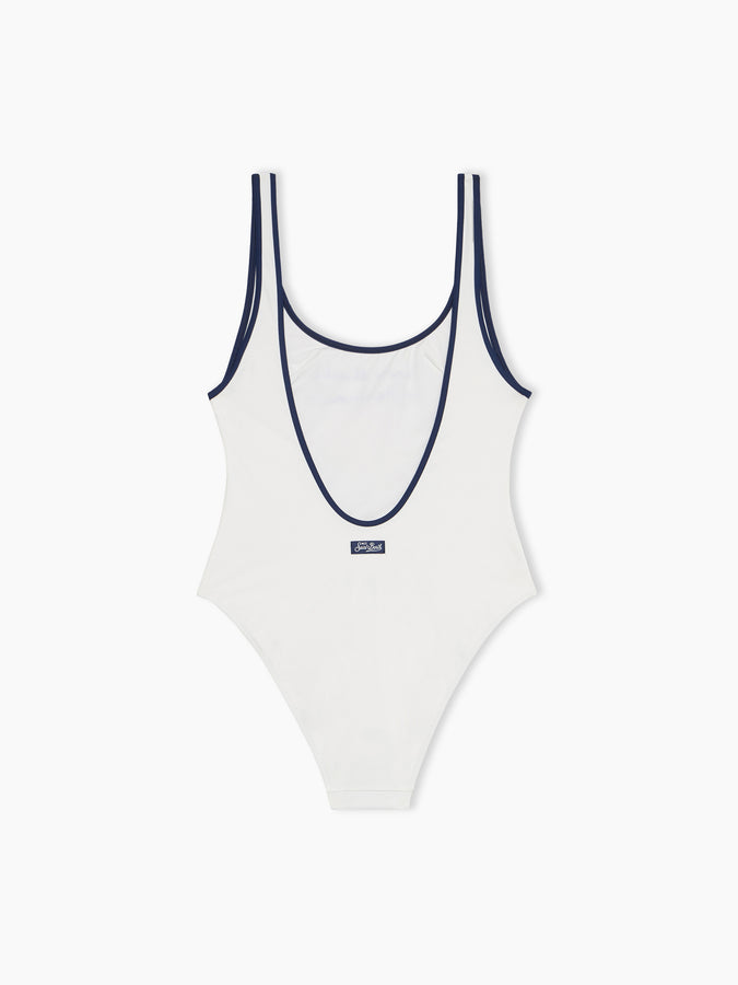 Mc2 Saint Barth Woman scoopback one-piece swimsuit with Voglia di amare embroidery | @serepocaiontas SPECIAL EDITION In Vendita