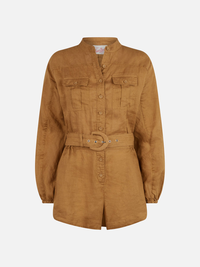 Mc2 Saint Barth Woman camel linen playsuit Hanniel In Vendita