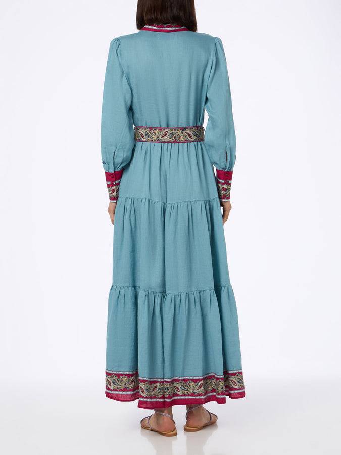 Mc2 Saint Barth Woman light blue linen dress Jensen with paisley placed print Saldi Di Fabbrica