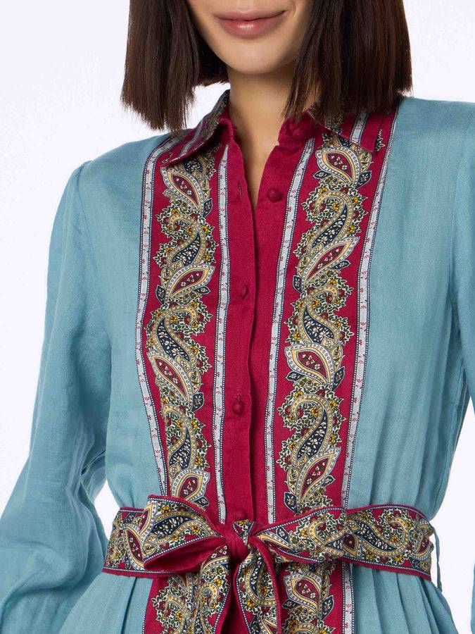 Mc2 Saint Barth Woman light blue linen dress Jensen with paisley placed print Saldi Di Fabbrica