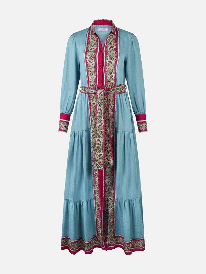 Mc2 Saint Barth Woman light blue linen dress Jensen with paisley placed print Saldi Di Fabbrica
