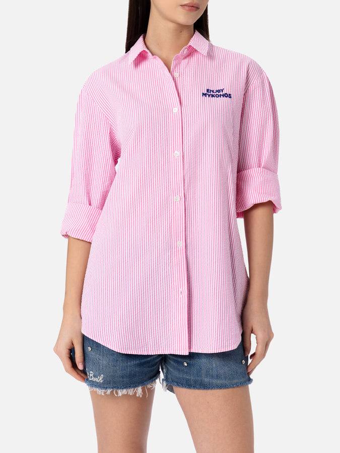 Mc2 Saint Barth Woman striped seeruscker cotton over shirt Brigitte with front and back Mykonos embroidery Novità