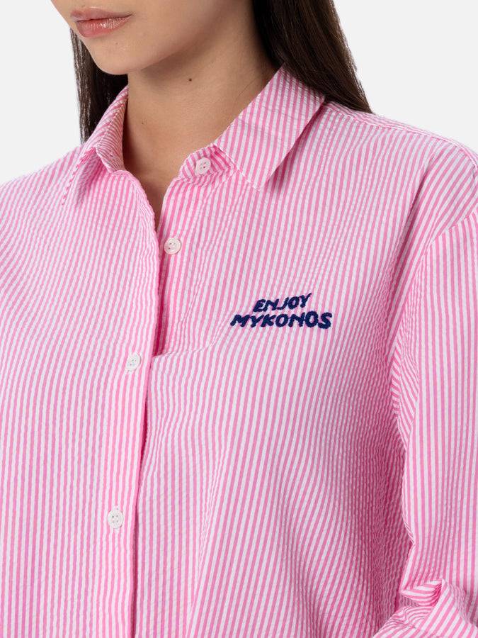 Mc2 Saint Barth Woman striped seeruscker cotton over shirt Brigitte with front and back Mykonos embroidery Novità