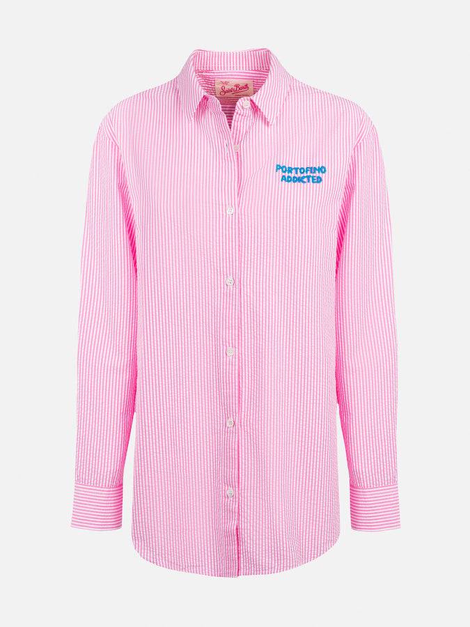 Mc2 Saint Barth Woman striped seeruscker cotton over shirt Brigitte with front and back Mykonos embroidery Novità