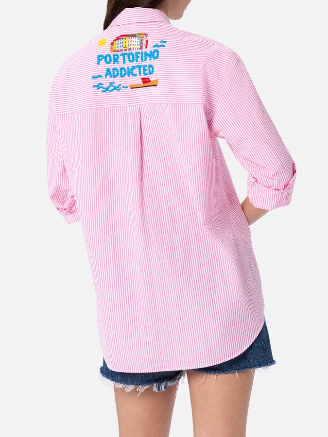 Mc2 Saint Barth Woman striped seeruscker cotton over shirt Brigitte with front and back Portofino embroidery Presa