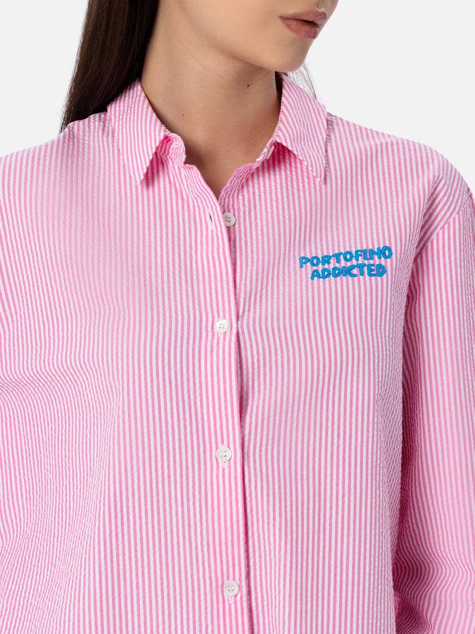 Mc2 Saint Barth Woman striped seeruscker cotton over shirt Brigitte with front and back Portofino embroidery Presa