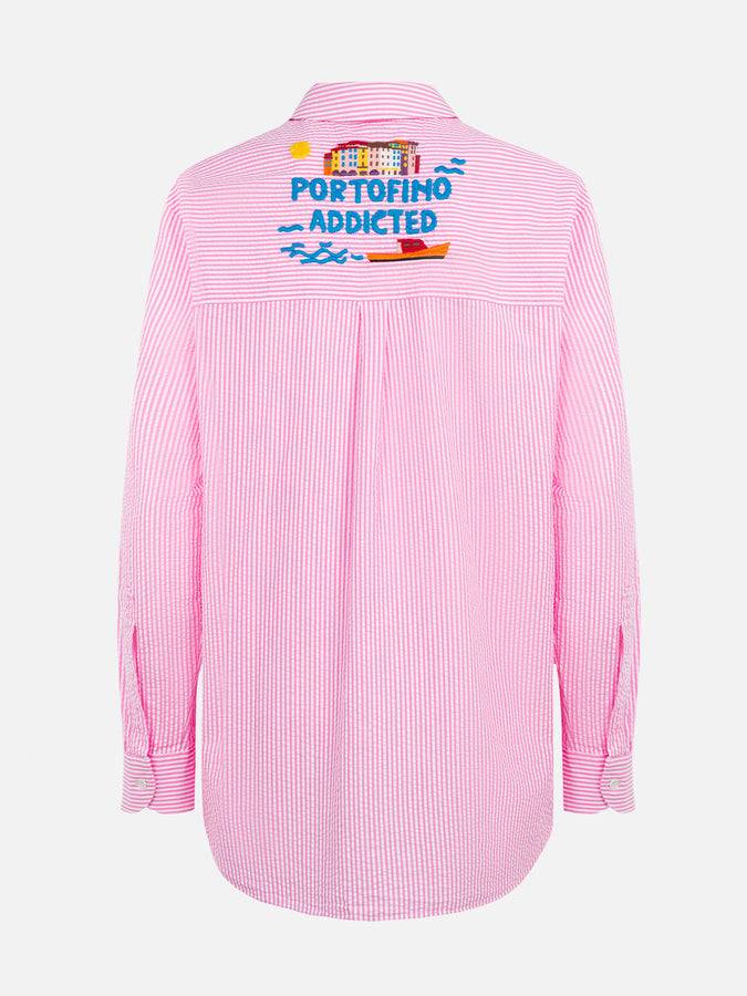 Mc2 Saint Barth Woman striped seeruscker cotton over shirt Brigitte with front and back Portofino embroidery Presa