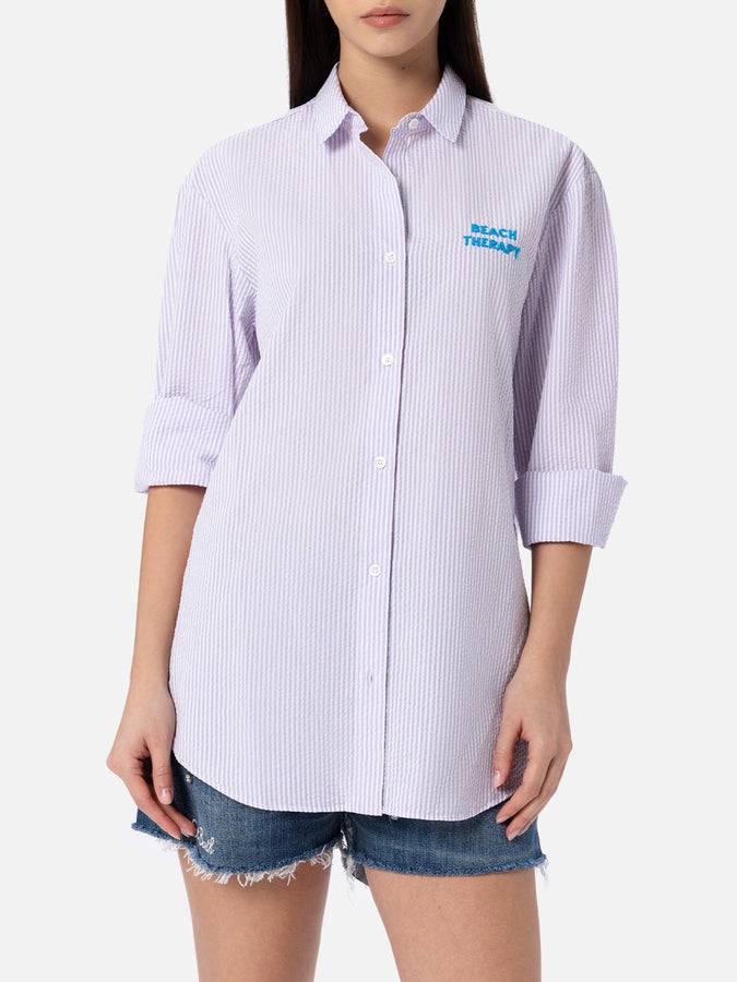 Mc2 Saint Barth Woman striped print cotton over shirt Brigitte with front and back Beach Therapy embroidery Sconto
