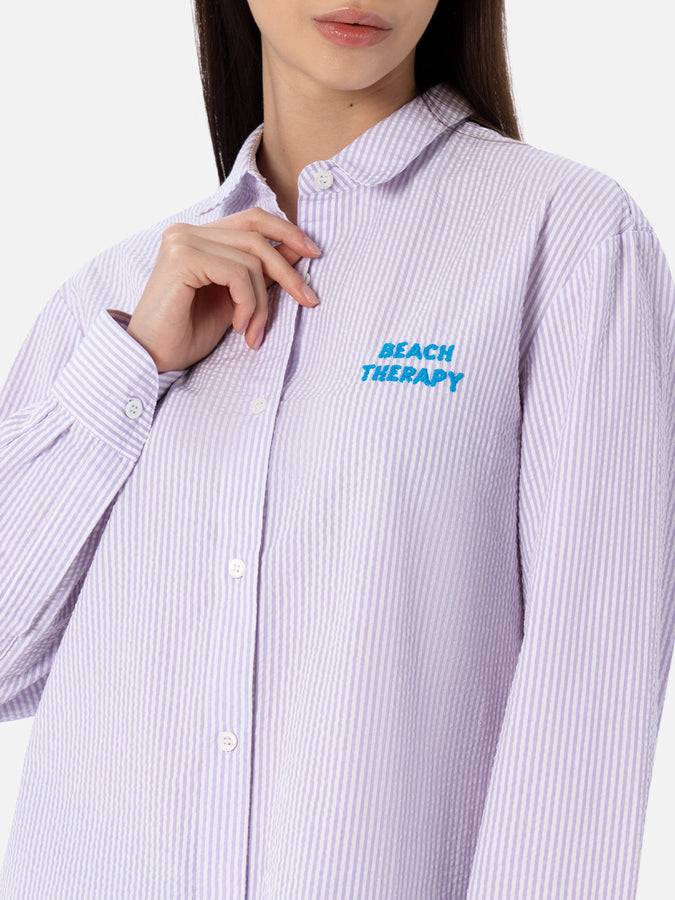 Mc2 Saint Barth Woman striped print cotton over shirt Brigitte with front and back Beach Therapy embroidery Sconto