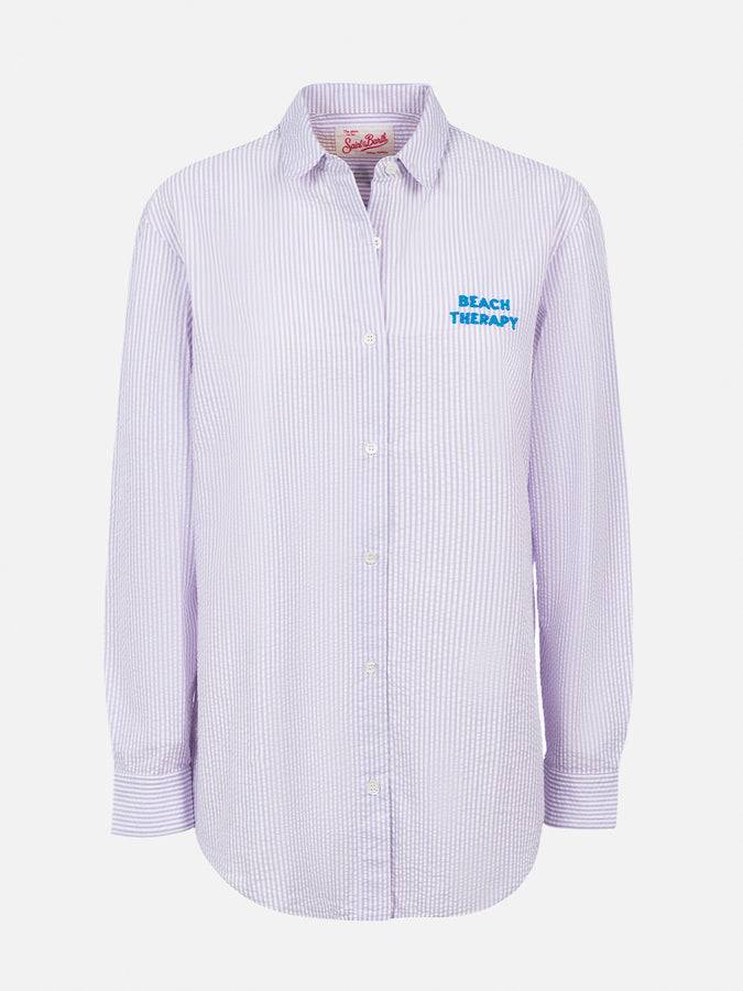 Mc2 Saint Barth Woman striped print cotton over shirt Brigitte with front and back Beach Therapy embroidery Sconto