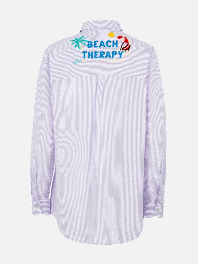 Mc2 Saint Barth Woman striped print cotton over shirt Brigitte with front and back Beach Therapy embroidery Sconto