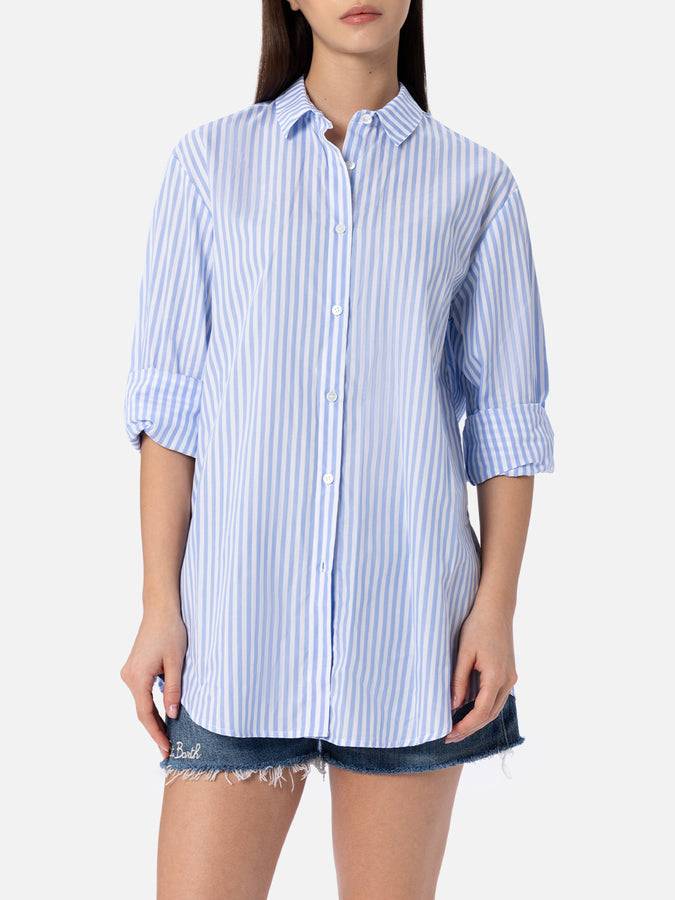 Mc2 Saint Barth Woman cotton shirt Brigitte with light blue striped print Rilascio limitato