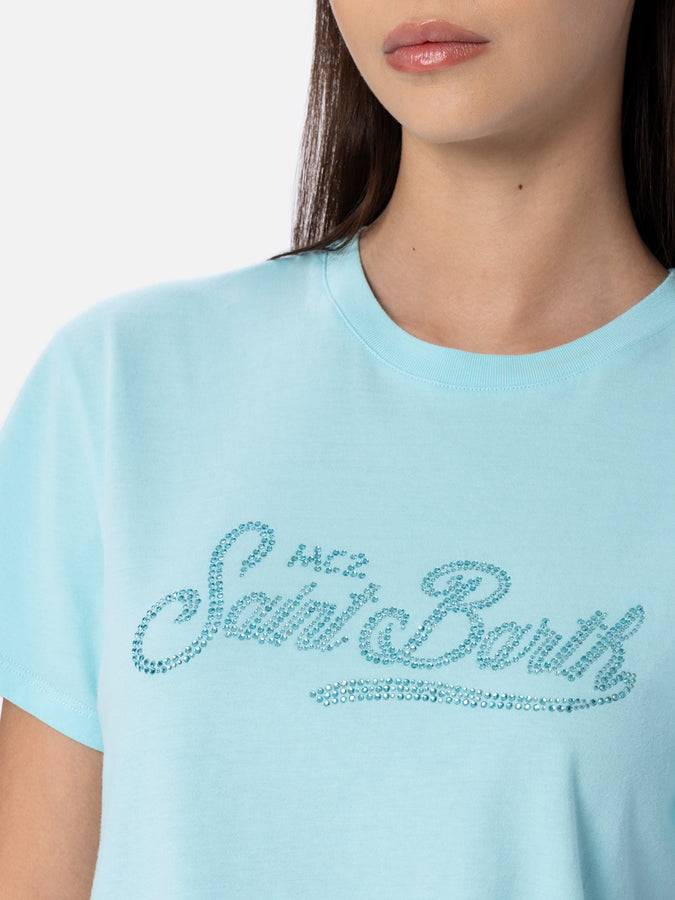 Mc2 Saint Barth Woman water green cotton jersey crewneck t-shirt Emilie with rhinestones 2025