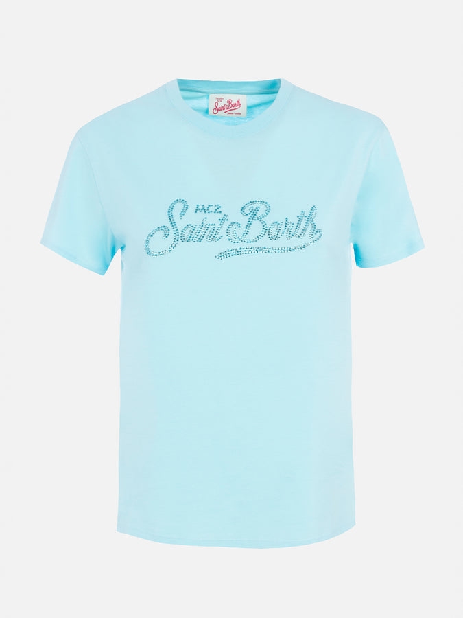 Mc2 Saint Barth Woman water green cotton jersey crewneck t-shirt Emilie with rhinestones 2025